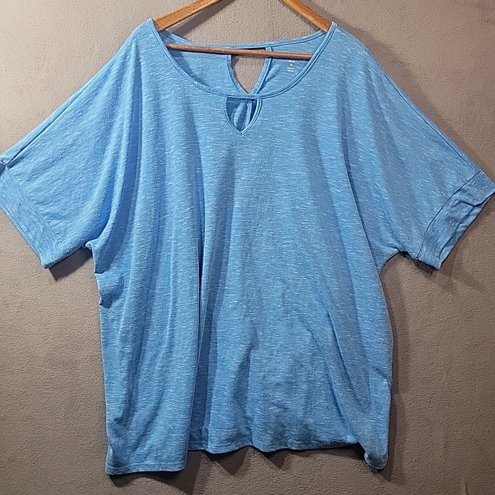 Woman‎ Within Top T Shirt 30/32 3X  Slub Knit Keyhole Short Sleeve Blue